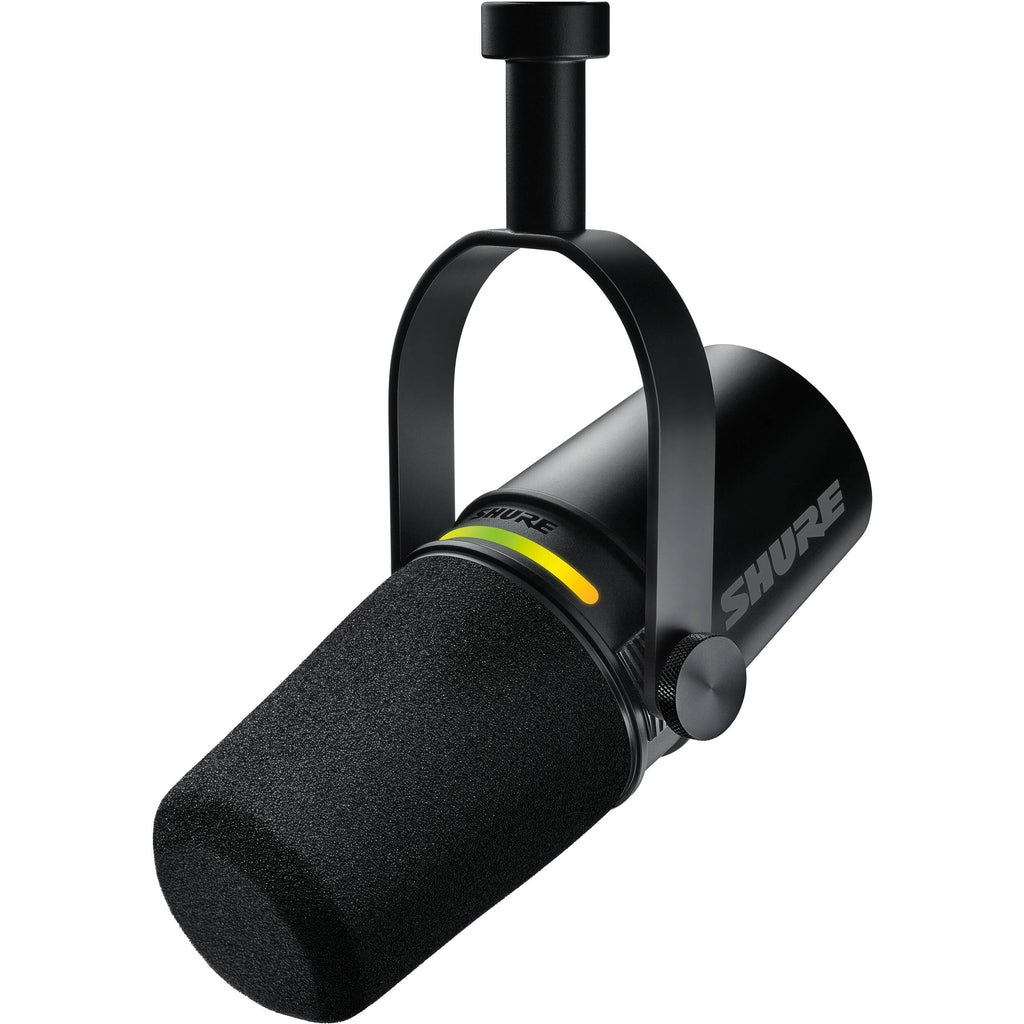 Shure MV7+ USB microphone with black body and silver grille, ideal for podcasting and streaming.