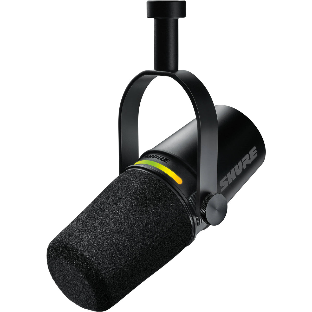 Shure MV7+ USB microphone with black body and silver grille, ideal for podcasting and streaming.