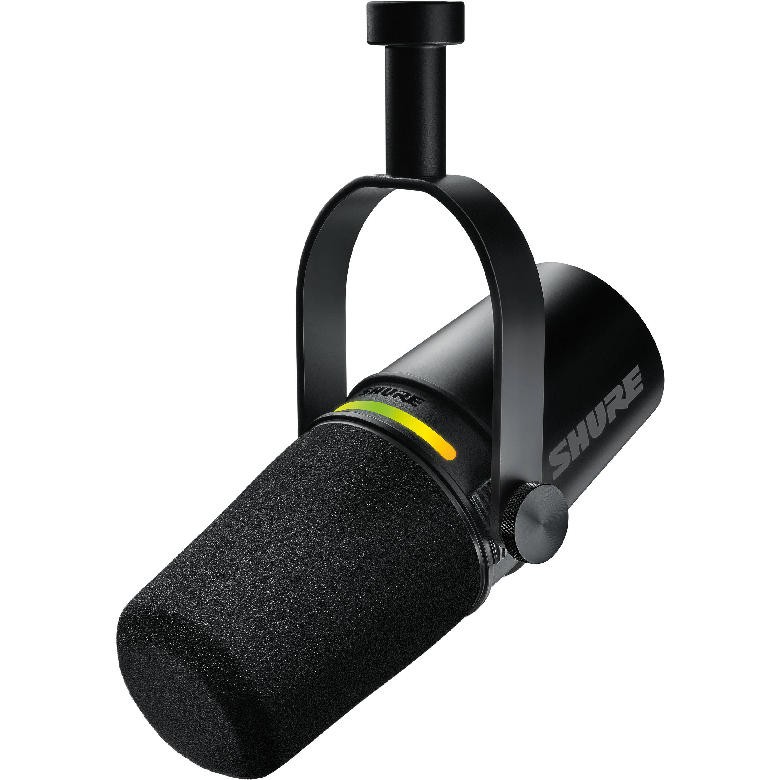 Shure MV7+ USB microphone with black body and silver grille, ideal for podcasting and streaming.