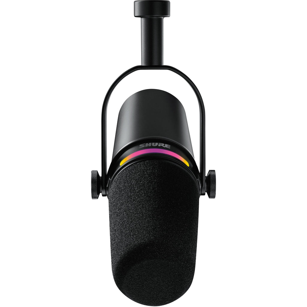 Shure MV7+ USB microphone with black finish, featuring a built-in microphone stand and control knobs for high-quality audio recording.