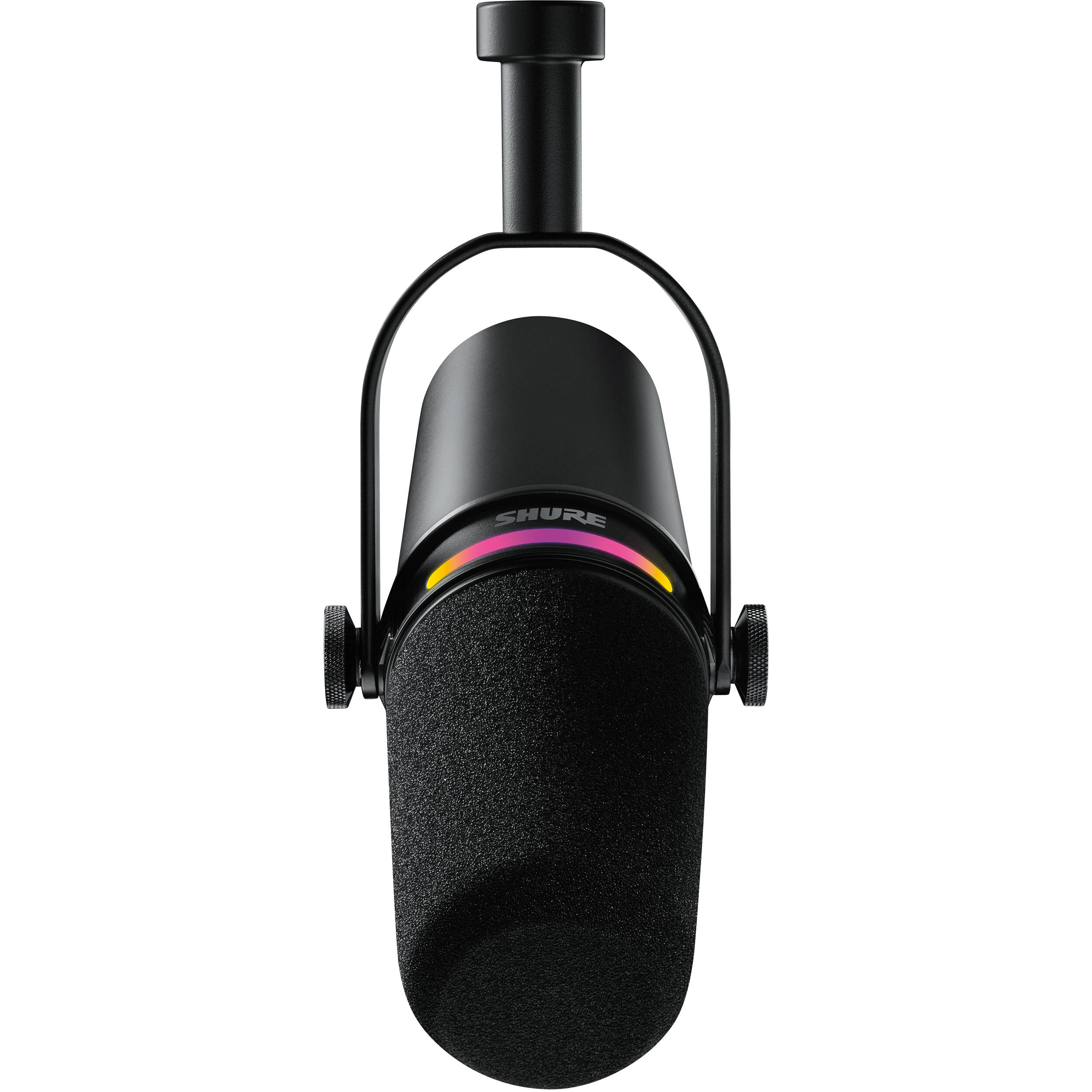 Shure MV7+ USB microphone with black finish, featuring a built-in microphone stand and control knobs for high-quality audio recording.