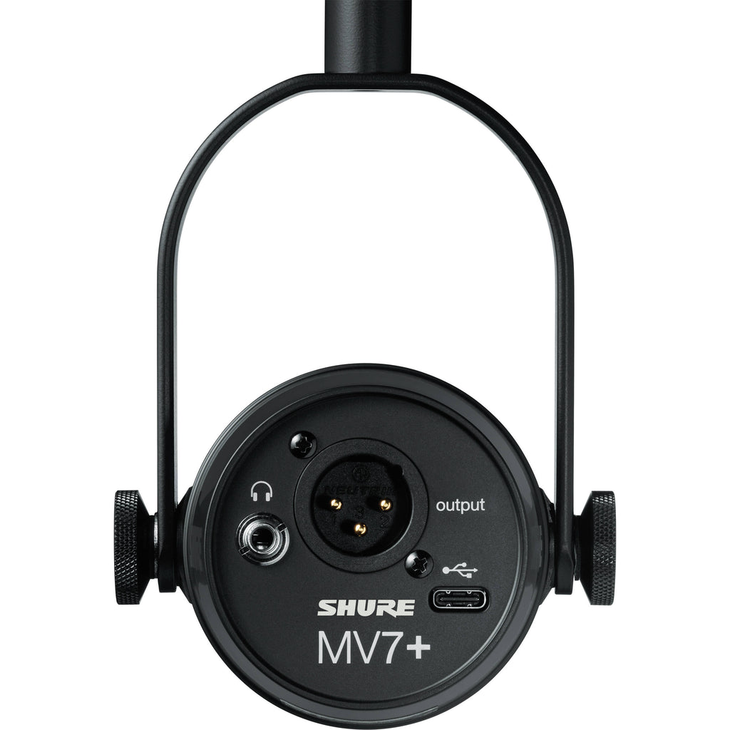 Shure MV7+ USB microphone with adjustable stand and controls, ready for professional podcasting or streaming.