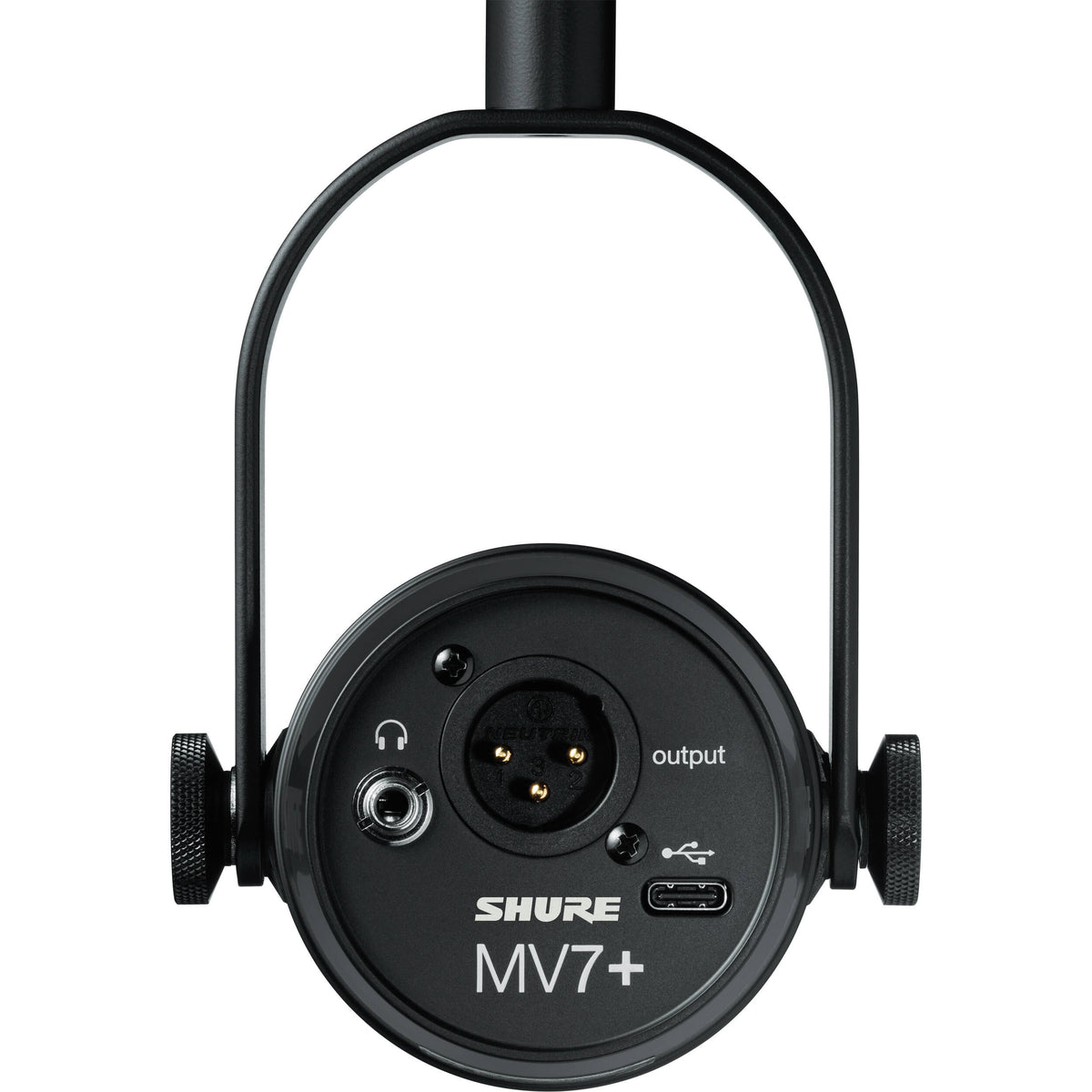 Shure MV7+ USB microphone with adjustable stand and controls, ready for professional podcasting or streaming.