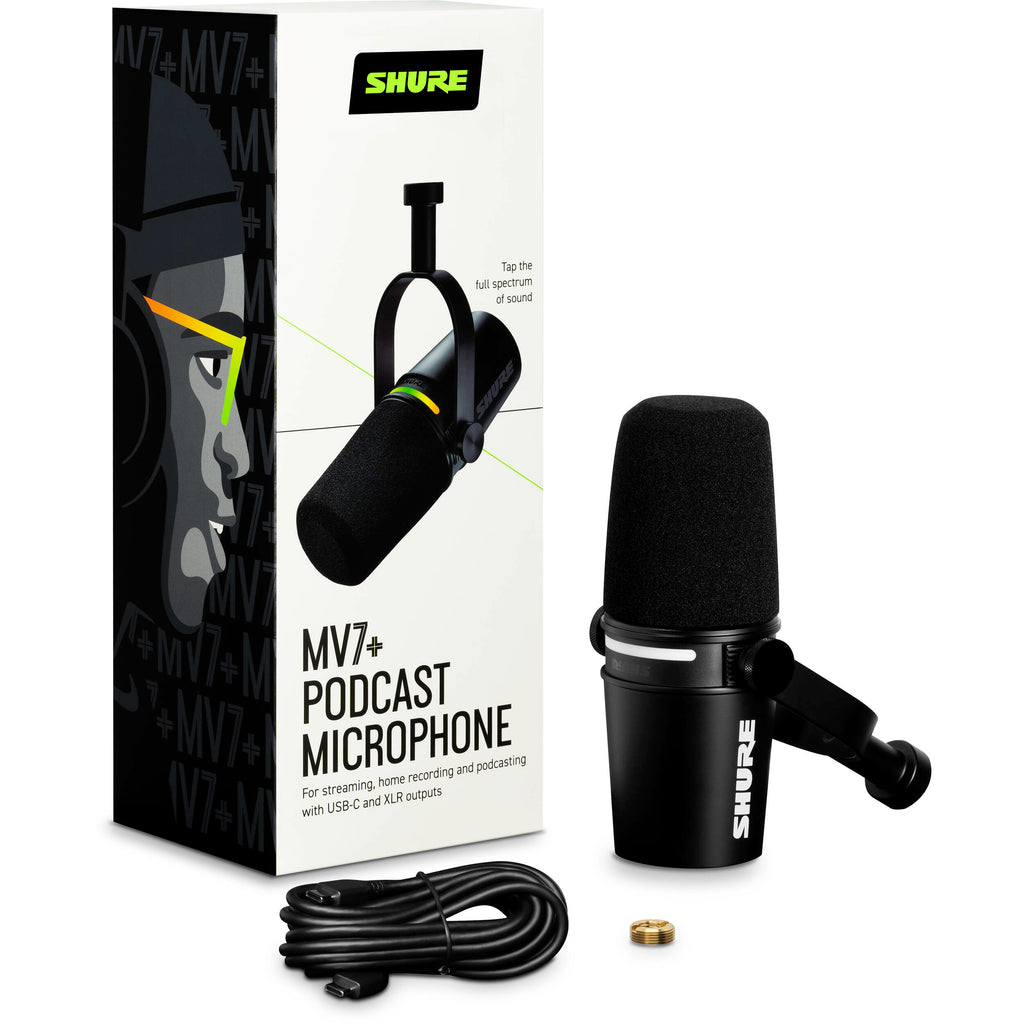 Shure MV7+ USB microphone with built-in controls and grille, designed for professional podcasting and streaming.