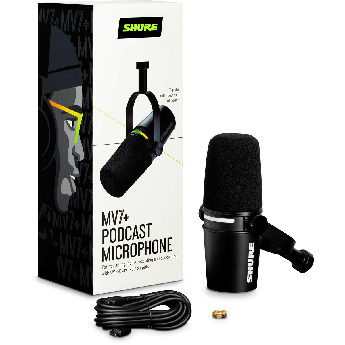 Shure MV7+ USB microphone with built-in controls and grille, designed for professional podcasting and streaming.