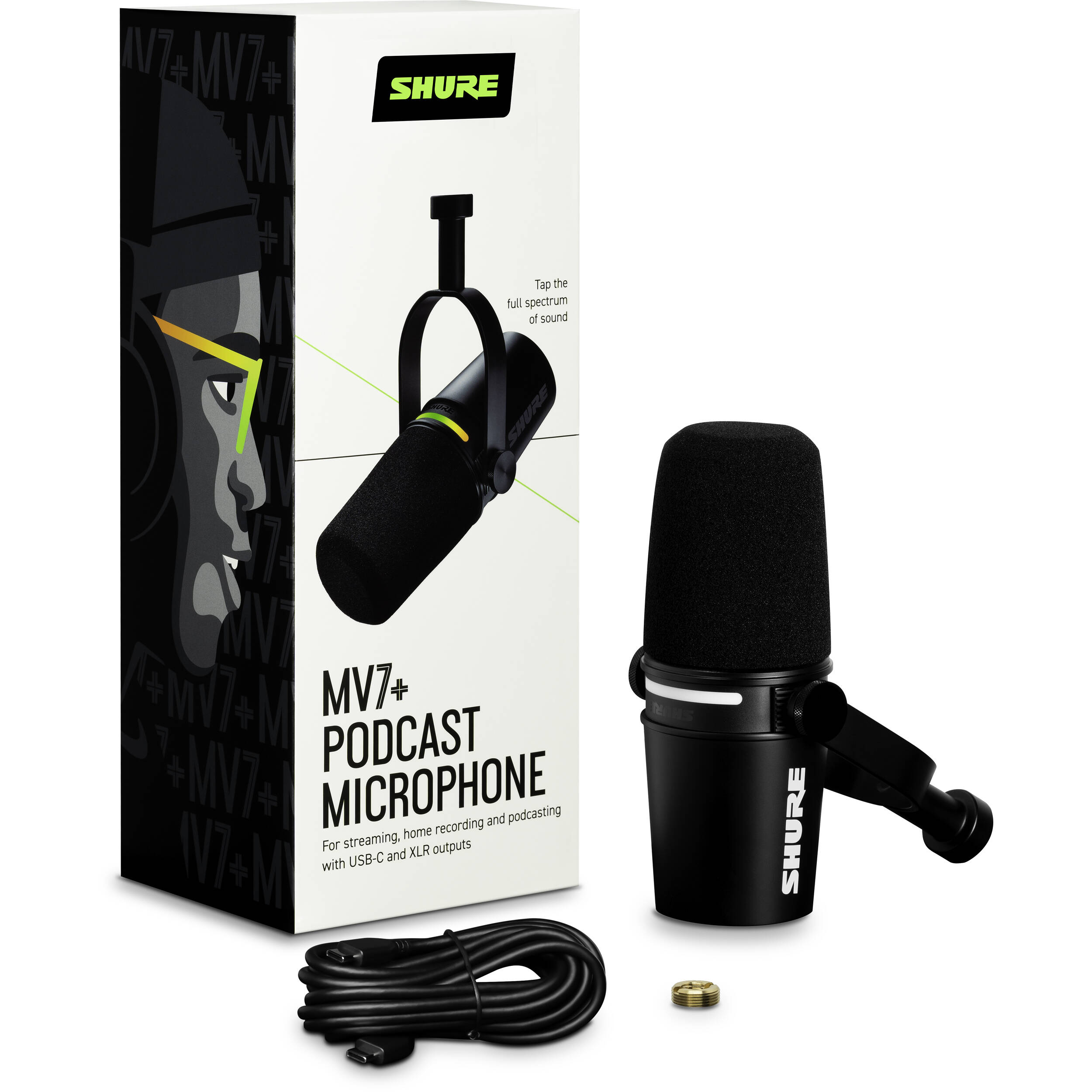 Shure MV7+ USB microphone with built-in controls and grille, designed for professional podcasting and streaming.