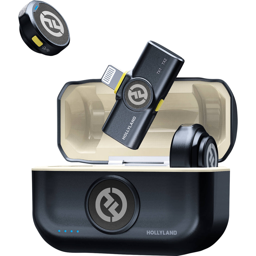 Hollyland Lark M2 Lightning creator wireless microphone system with compact transmitter and receiver for high-quality audio.