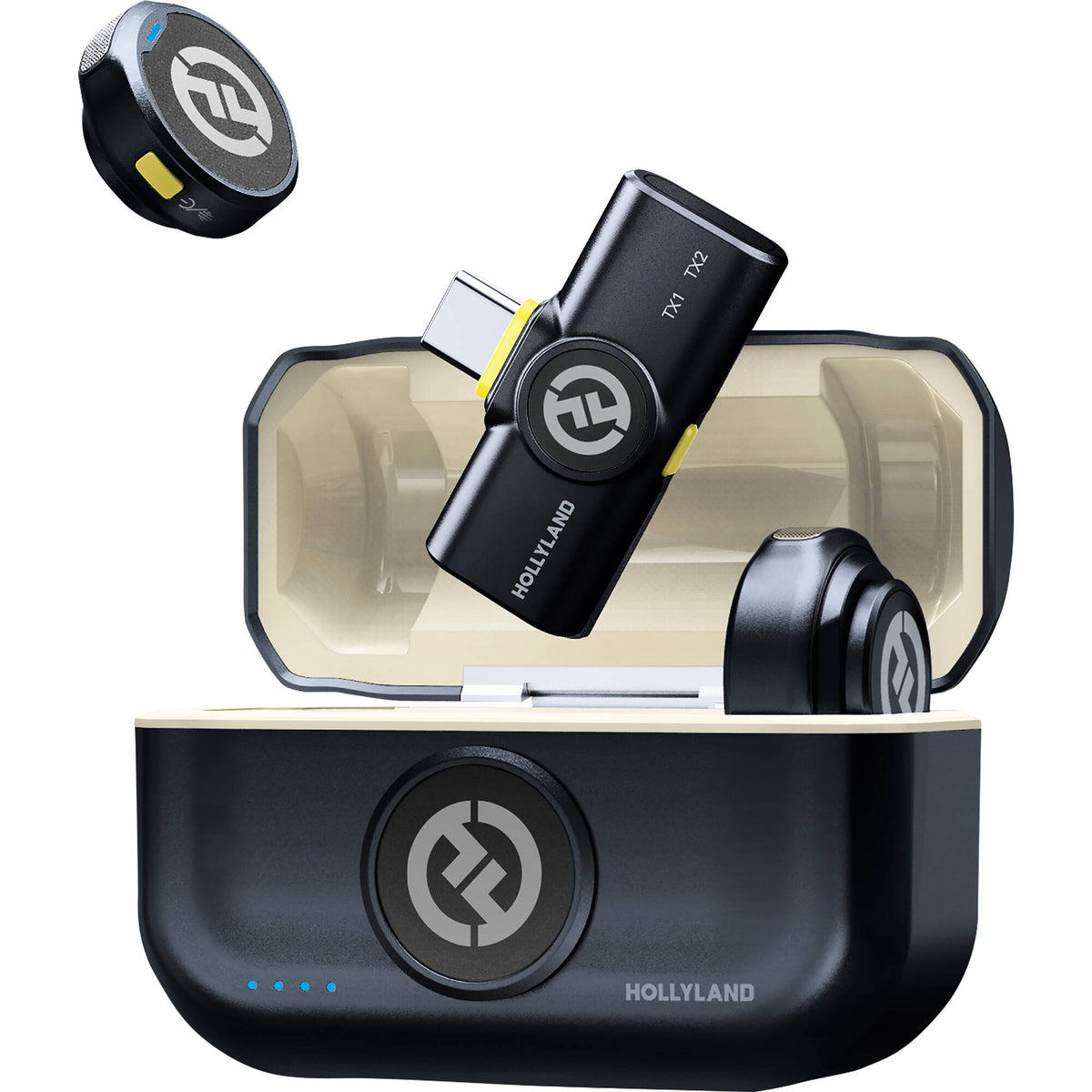 Hollyland Lark M2 USB-C creator wireless microphone system with compact transmitter and receiver for high-quality audio recording.