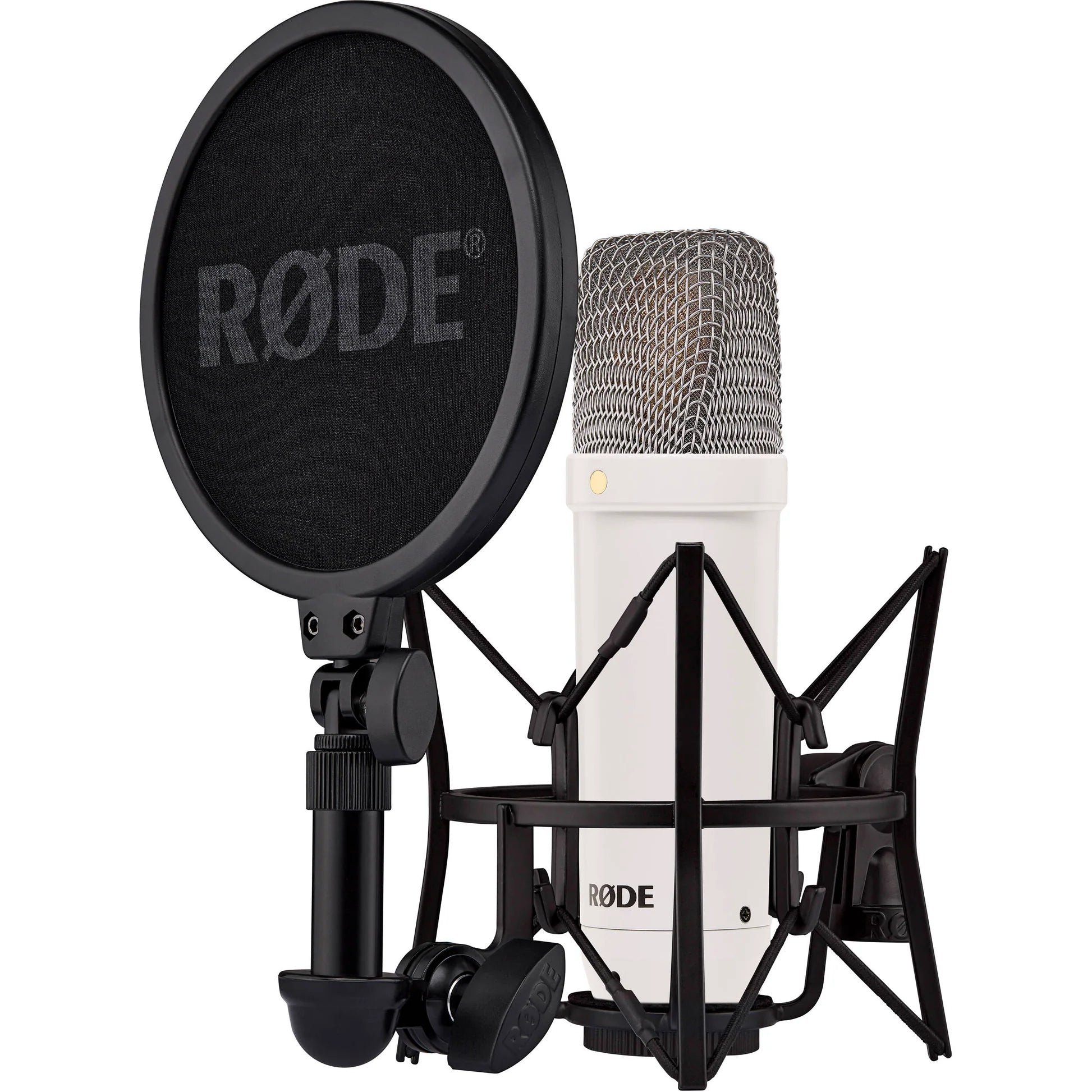 Rode NT1 Signature Series condenser microphone with black body and silver grille for studio recording and vocal performances.
