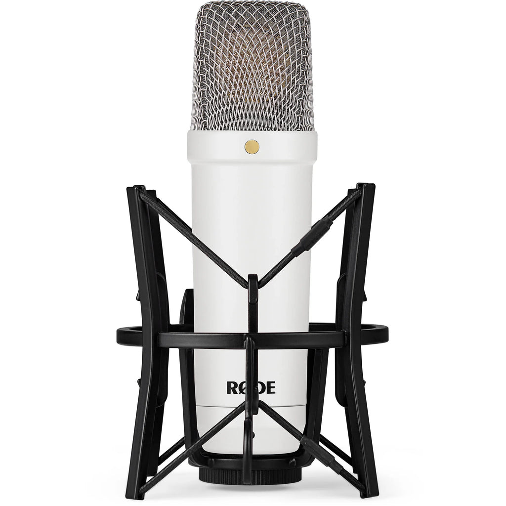 Rode NT1 Signature Series condenser microphone with black body and cardioid capsule for studio recording and vocals.