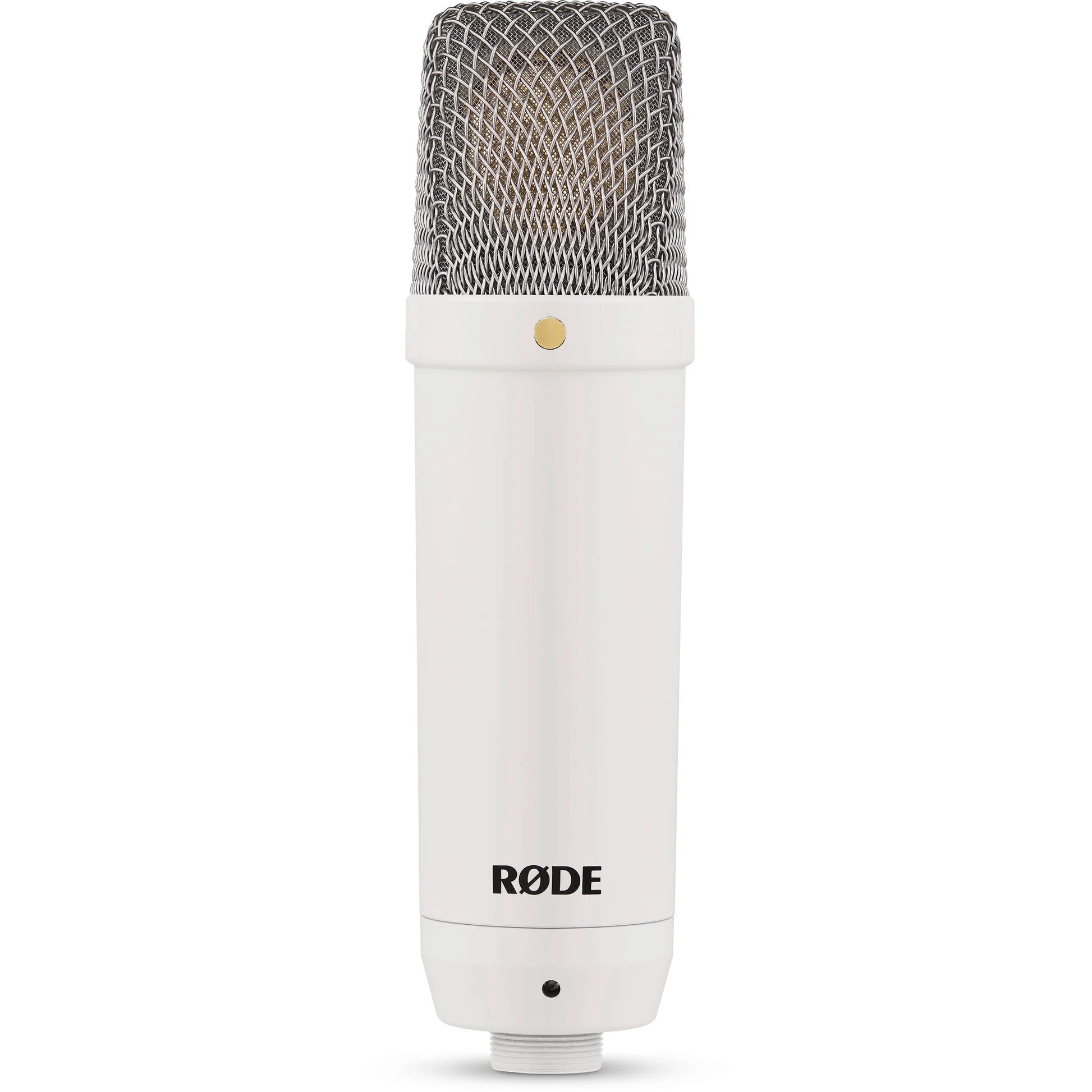 Rode NT1 Signature Series condenser microphone with black finish and shock mount for studio recording and vocals.