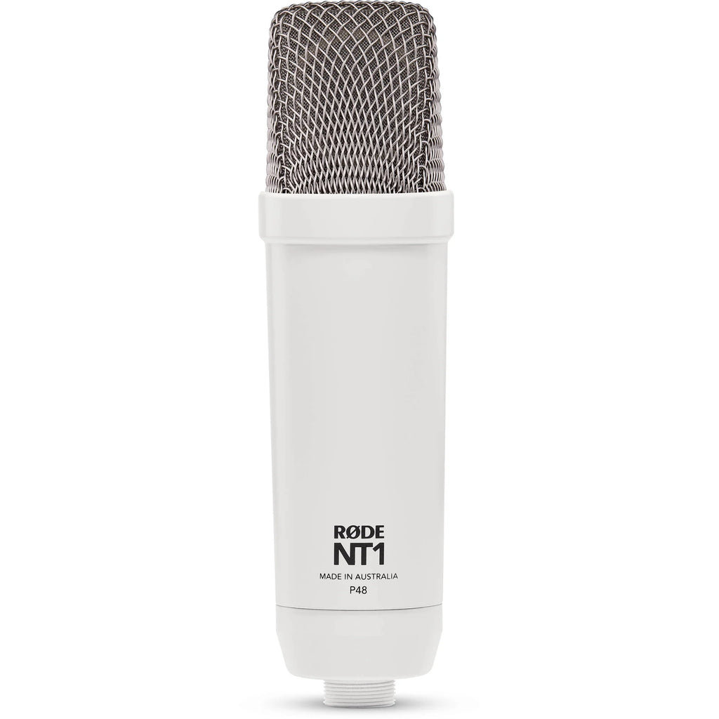 Rode NT1 Signature Series condenser microphone with black body and silver grille for studio recording and vocals.