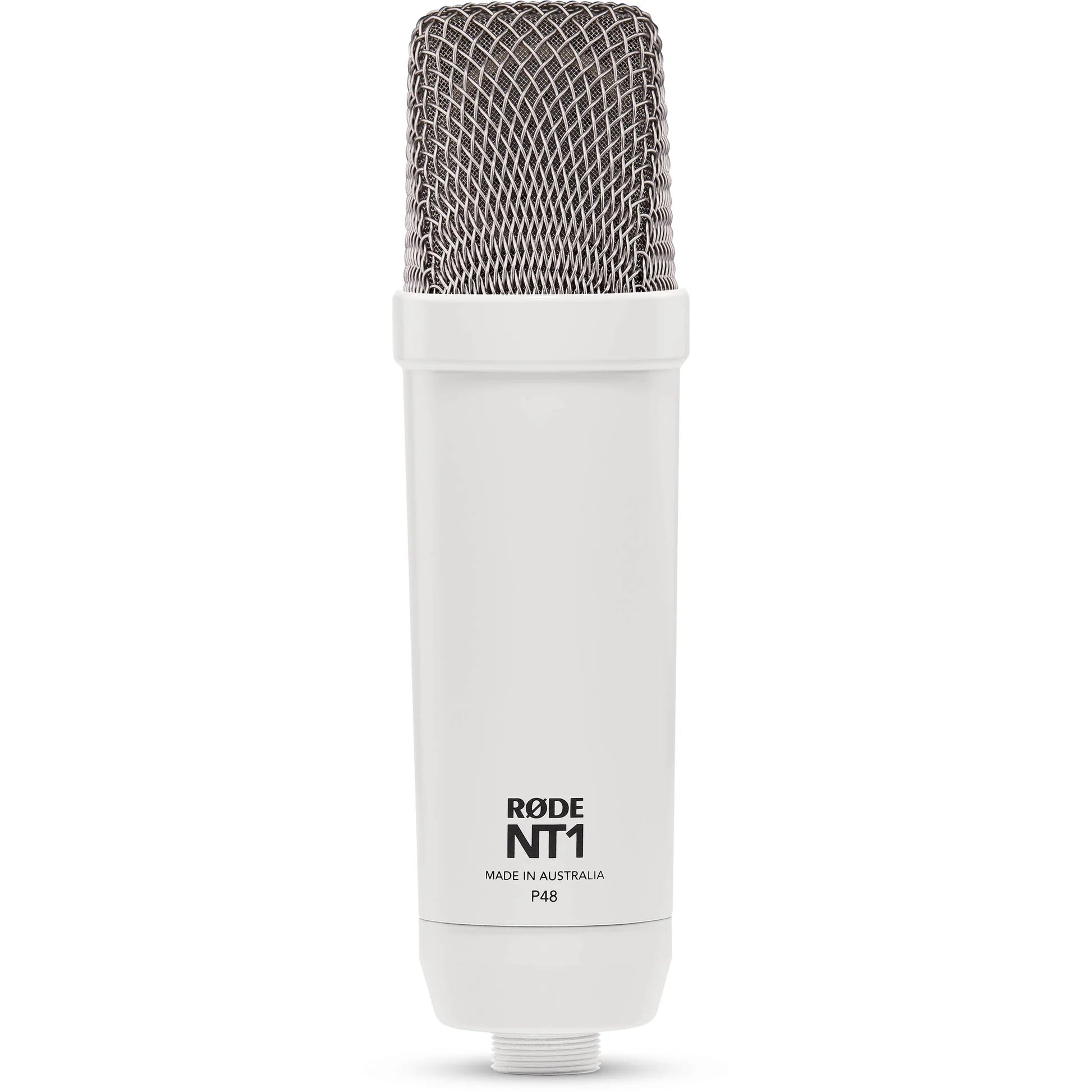Rode NT1 Signature Series condenser microphone with black body and silver grille for studio recording and vocals.