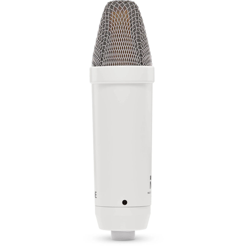 Rode NT1 Signature Series condenser microphone with black grille and body, mounted on a stand for professional studio recording.