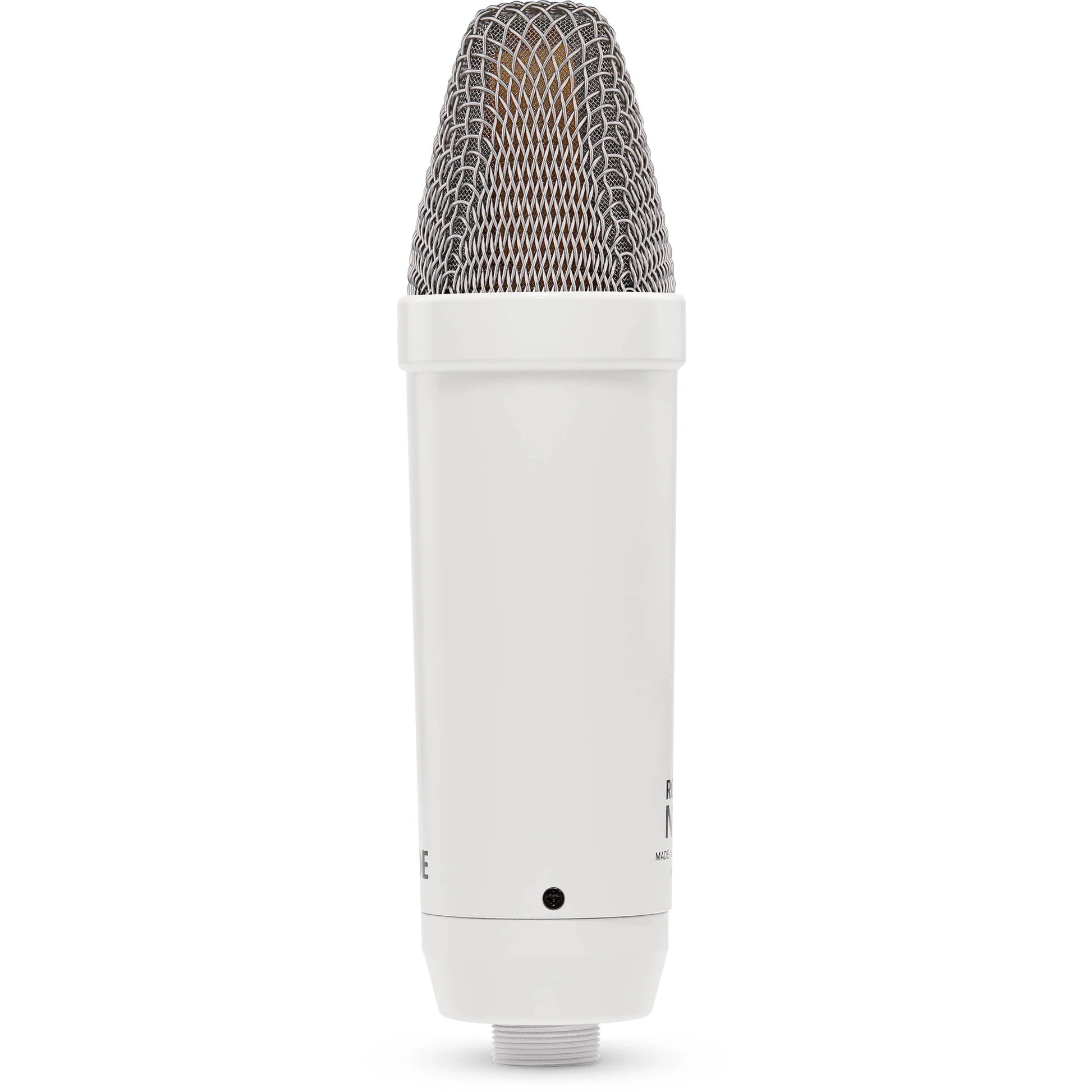 Rode NT1 Signature Series condenser microphone with black grille and body, mounted on a stand for professional studio recording.
