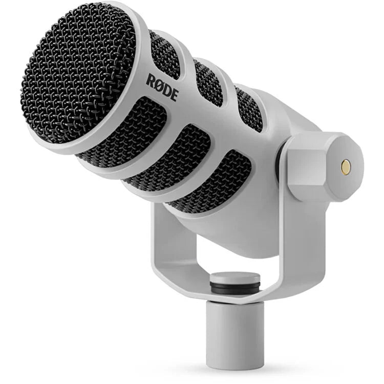 Rode PodMic dynamic microphone with black metal body and grille, ideal for podcasting and broadcasting.