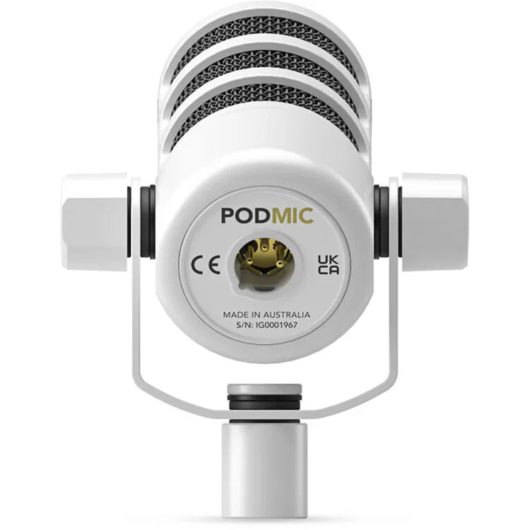 Rode PodMic dynamic microphone with black metal body and grille, ideal for broadcasting and podcasting applications.