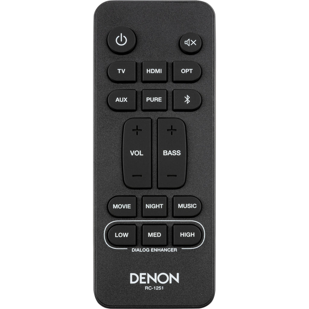 Denon DHT-S218 soundbar with sleek black design, compact size, and multiple speaker drivers for enhanced TV audio output.
