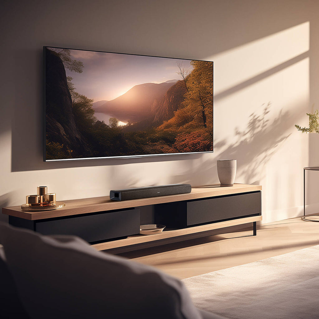 Denon DHT-S218 soundbar with sleek black design and multiple audio ports, designed for enhancing TV sound quality