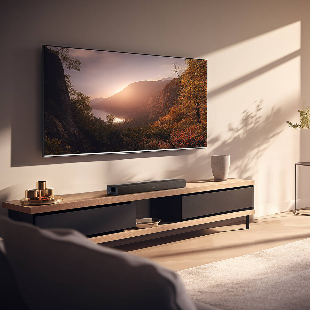 Denon DHT-S218 soundbar with sleek black design and multiple audio ports, designed for enhancing TV sound quality