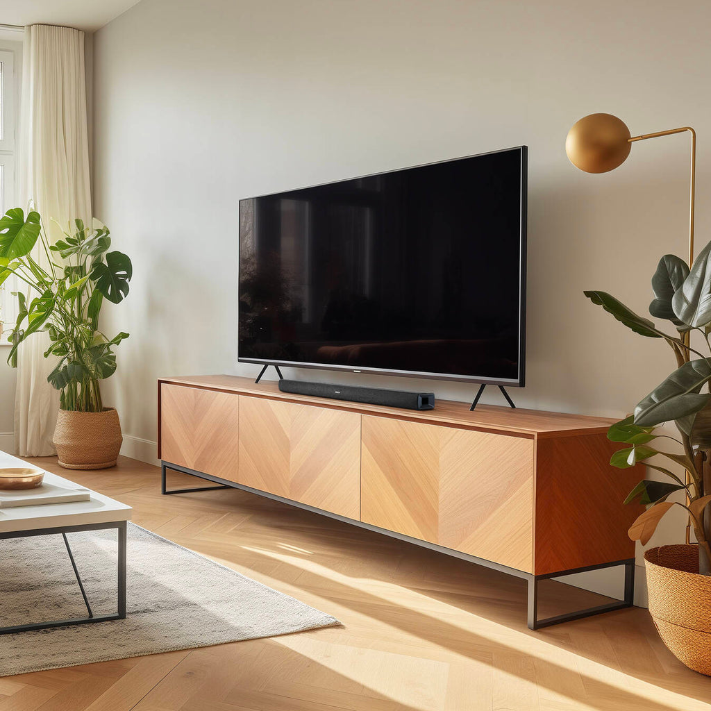 Denon DHT-S218 soundbar with sleek black design and multiple speaker drivers, ideal for enhancing TV audio.
