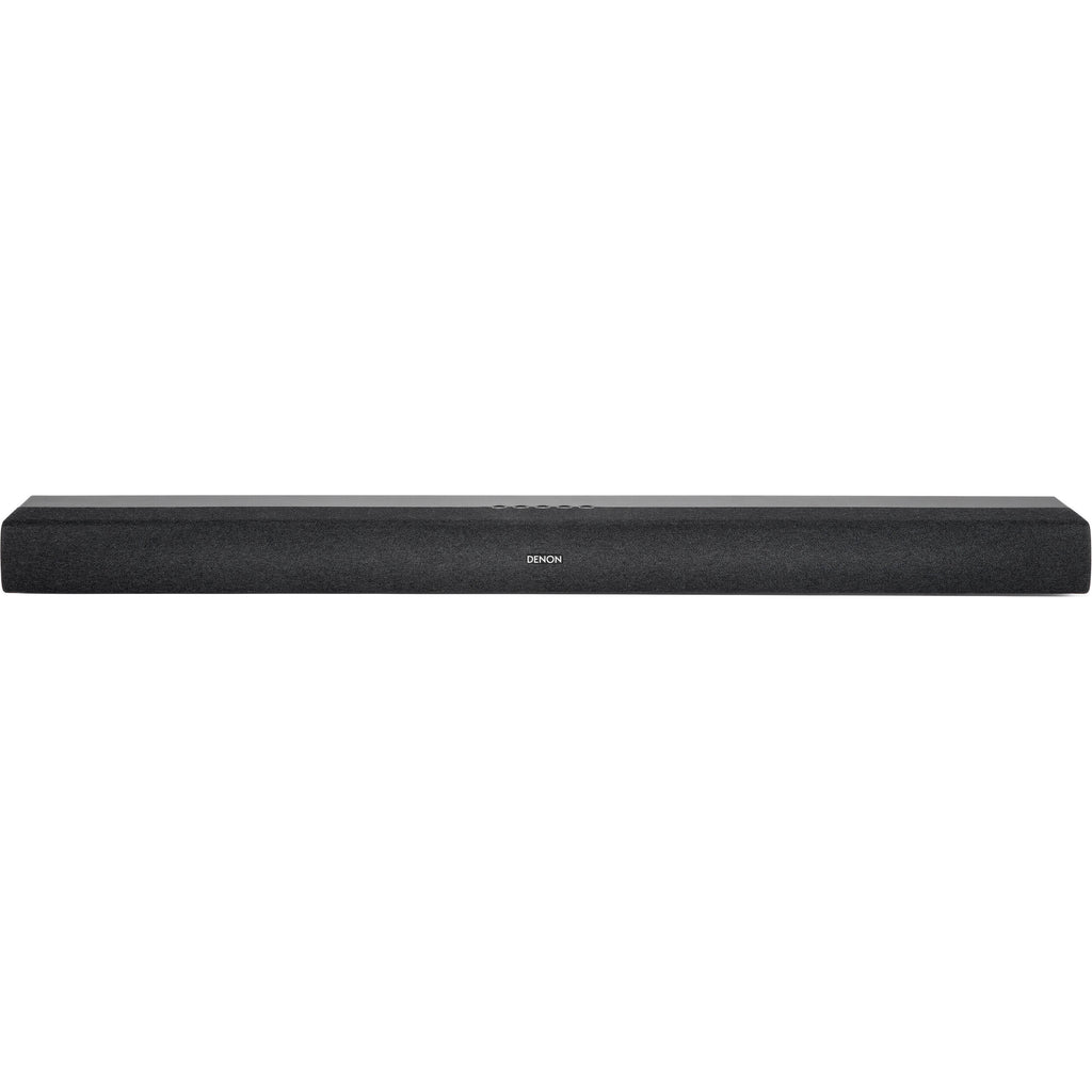 Denon DHT-S218 soundbar and TV speaker setup with sleek design, showcasing front view with speaker grille and control panel.