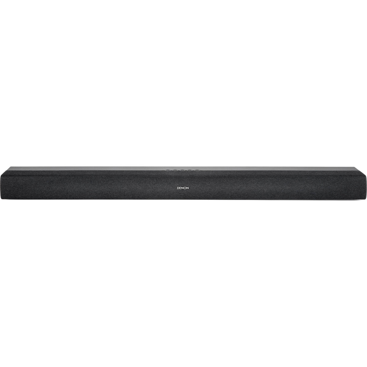 Denon DHT-S218 soundbar and TV speaker setup with sleek design, showcasing front view with speaker grille and control panel.