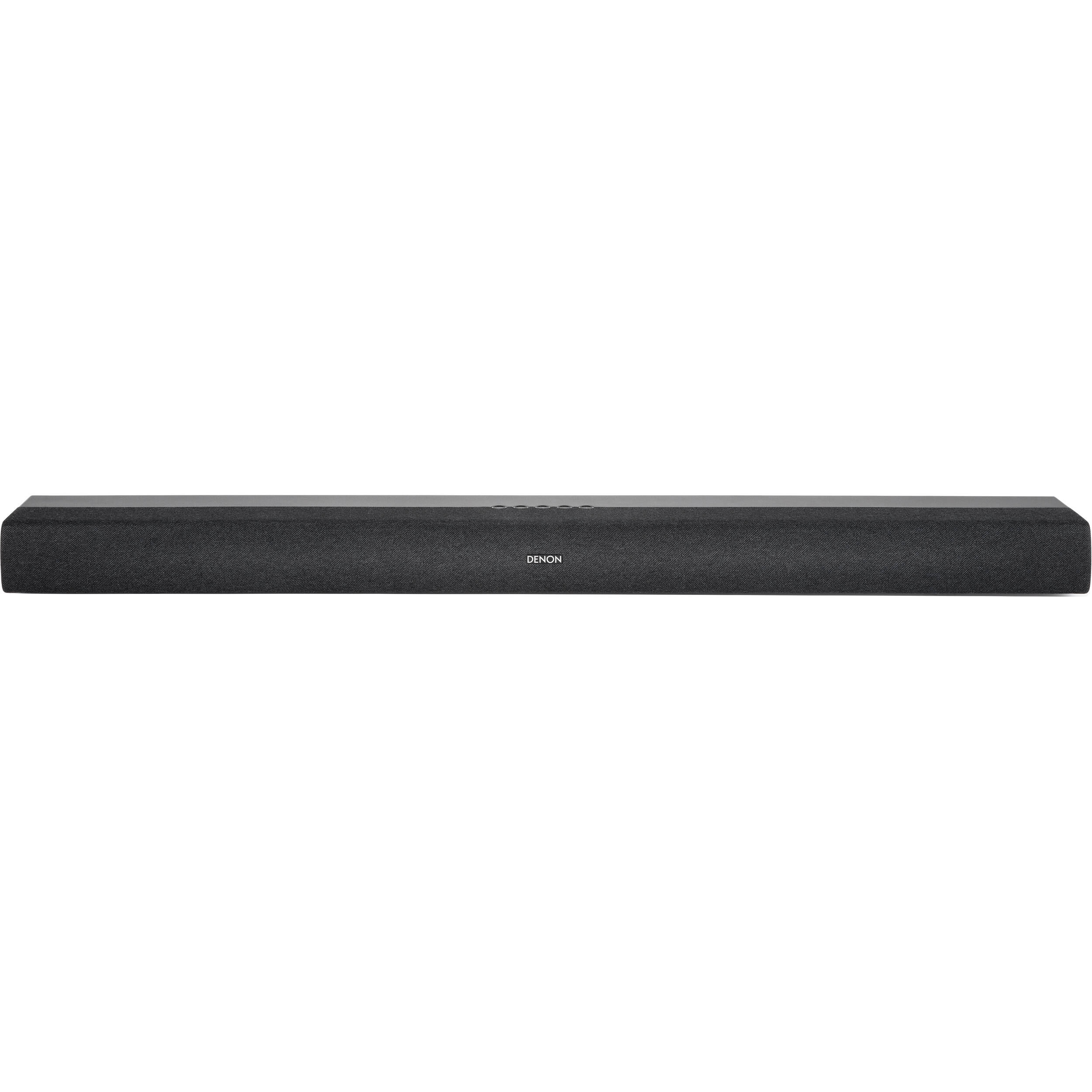 Denon DHT-S218 soundbar and TV speaker setup with sleek design, showcasing front view with speaker grille and control panel.