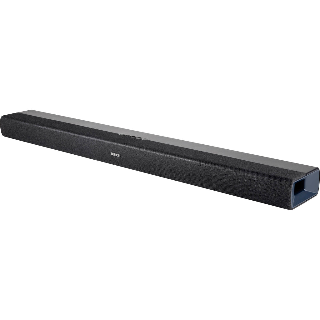 Denon DHT-S218 soundbar with sleek black design and built-in speakers, ideal for enhancing TV audio.