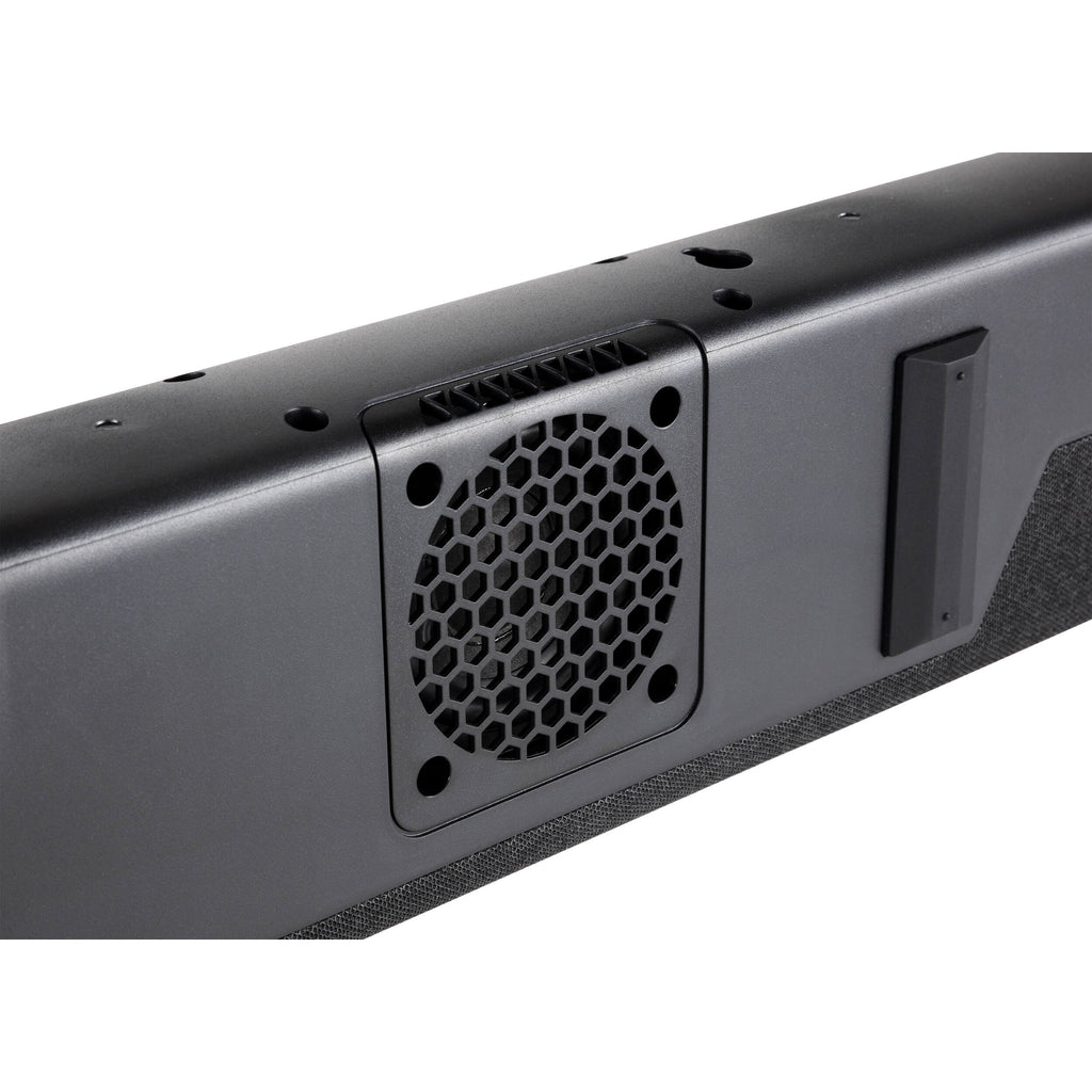 Denon DHT-S218 soundbar with sleek black design, featuring multiple speaker drivers and a compact TV speaker setup
