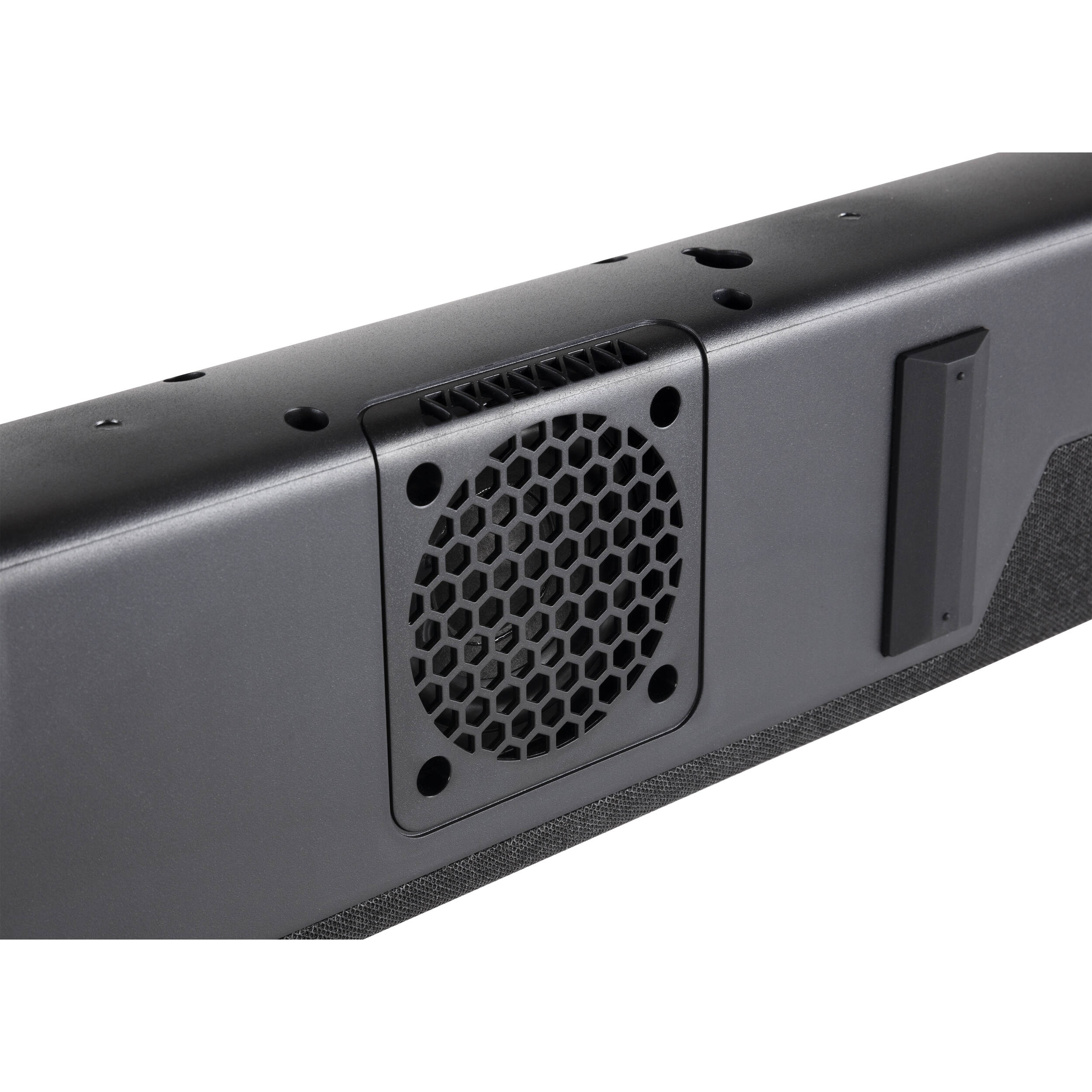 Denon DHT-S218 soundbar with sleek black design, featuring multiple speaker drivers and a compact TV speaker setup