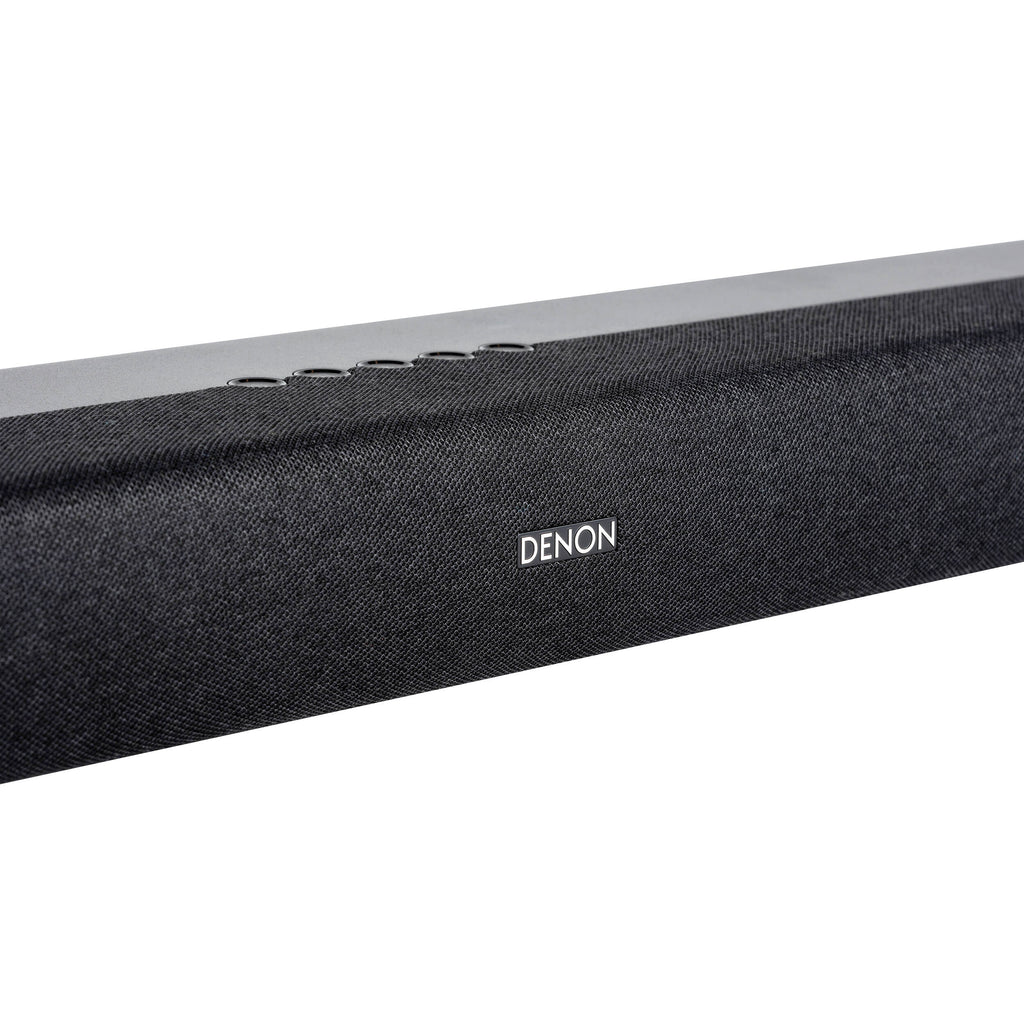 Denon DHT-S218 soundbar with sleek black design and multiple speaker drivers, designed for enhanced TV audio.