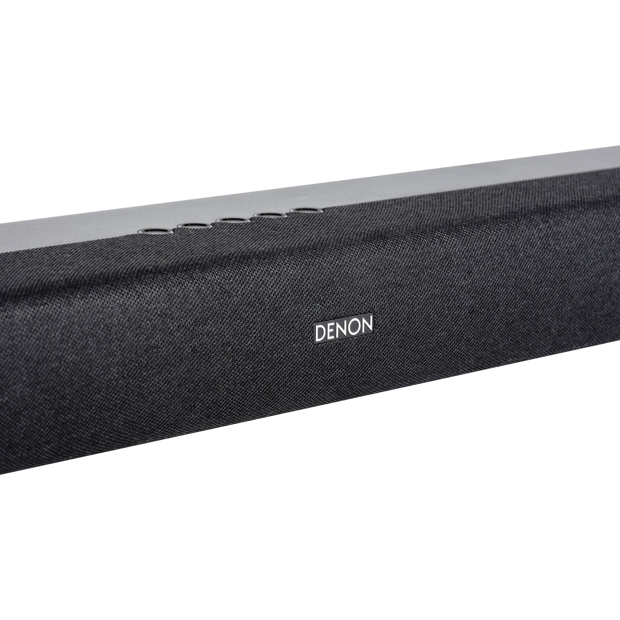 Denon DHT-S218 soundbar with sleek black design and multiple speaker drivers, designed for enhanced TV audio.