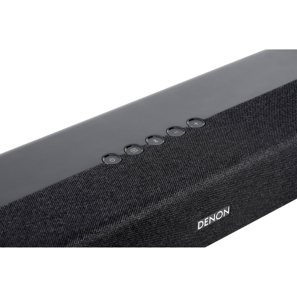 Denon DHT-S218 soundbar and TV speaker system with sleek design, featuring multiple audio output ports and modern finish.