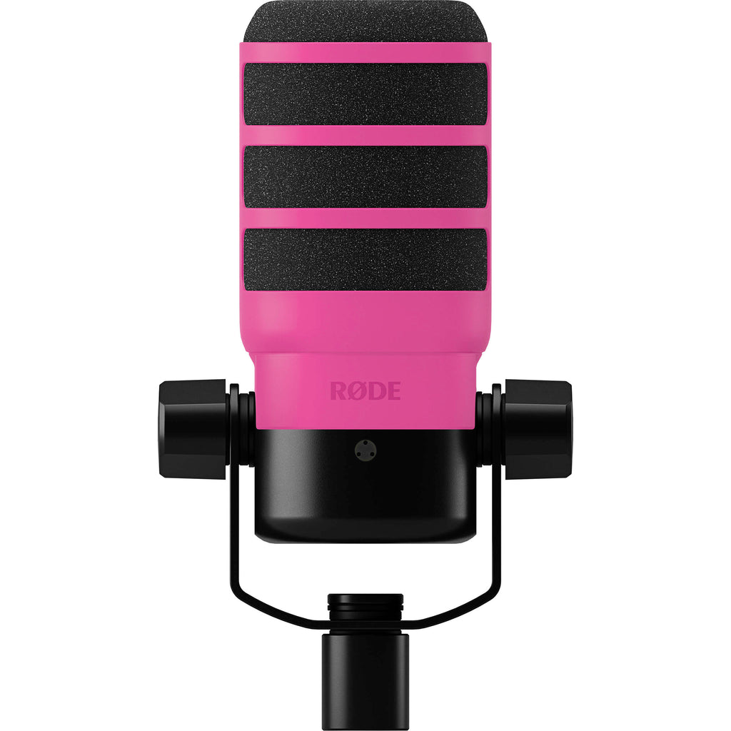 Rode WS14 microphone pop filter attached to PodMic, reducing plosive sounds for clear audio recording.