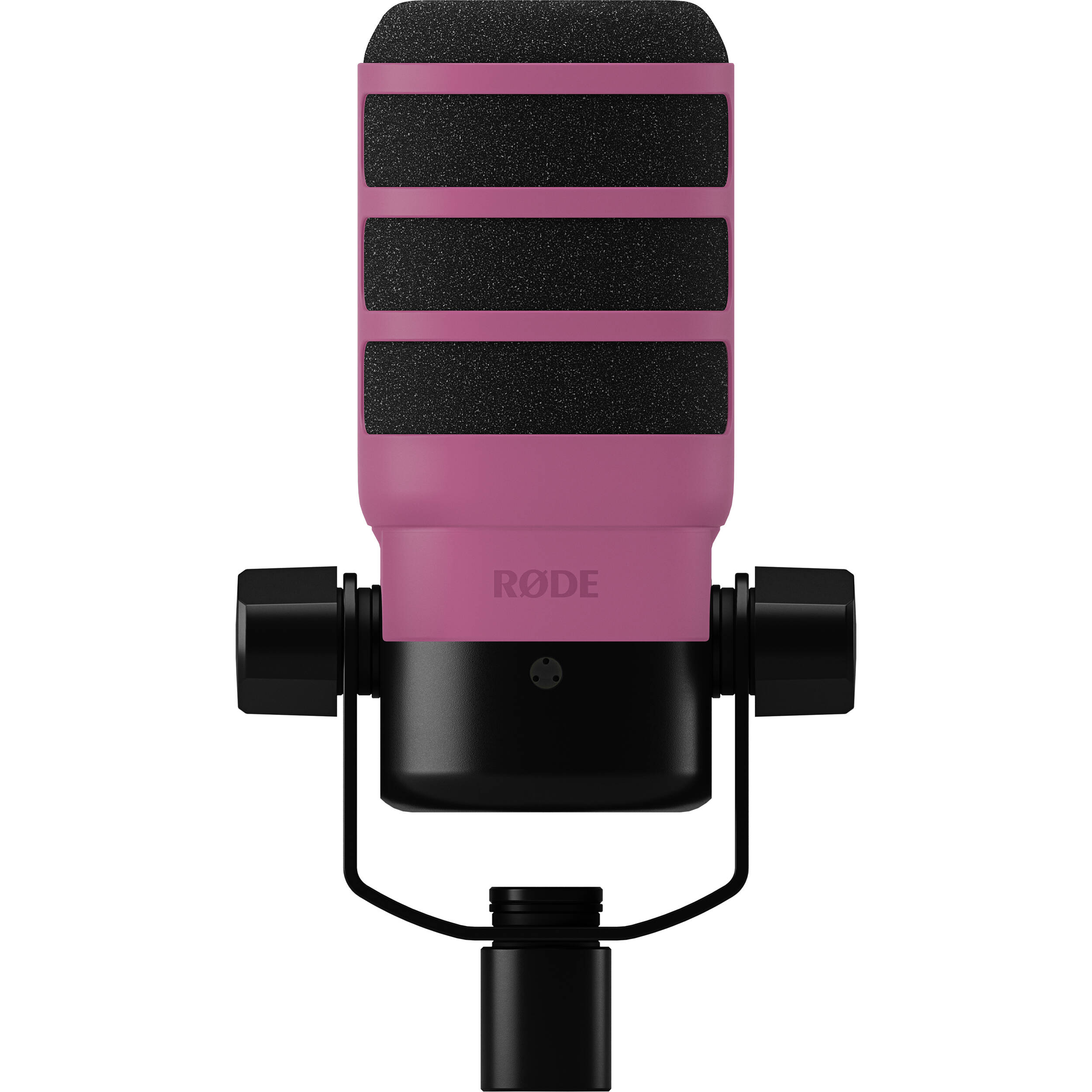 Rode WS14 microphone pop filter attached to PodMic, reducing plosive sounds for clear audio recording.