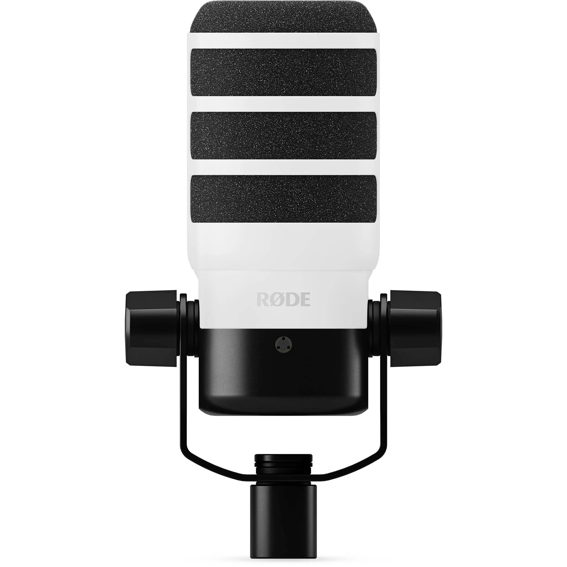 Rode WS14 Pop Filter attached to PodMic microphone, designed to reduce plosive sounds during vocal recording sessions.