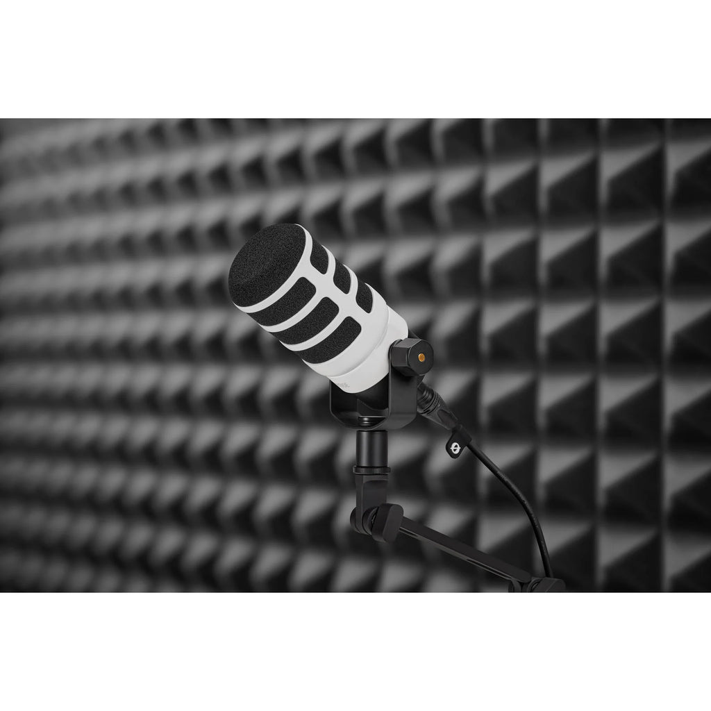 Rode WS14 pop filter attached to PodMic, reducing plosive sounds during vocal recordings with professional microphone accessories.
