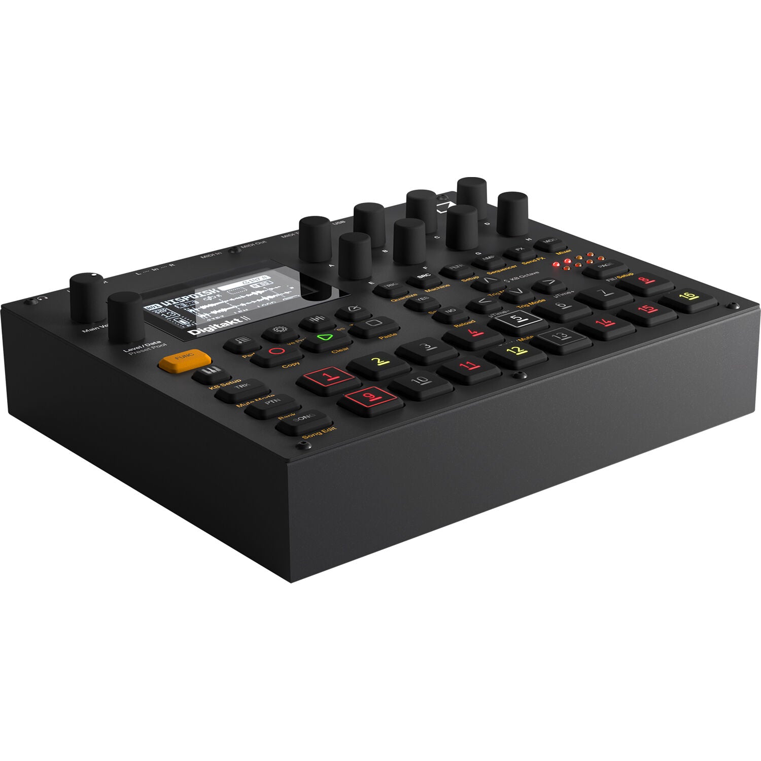 Elektron Digitakt II drum machine and sampler with multiple pads, knobs, and a digital display for music production.