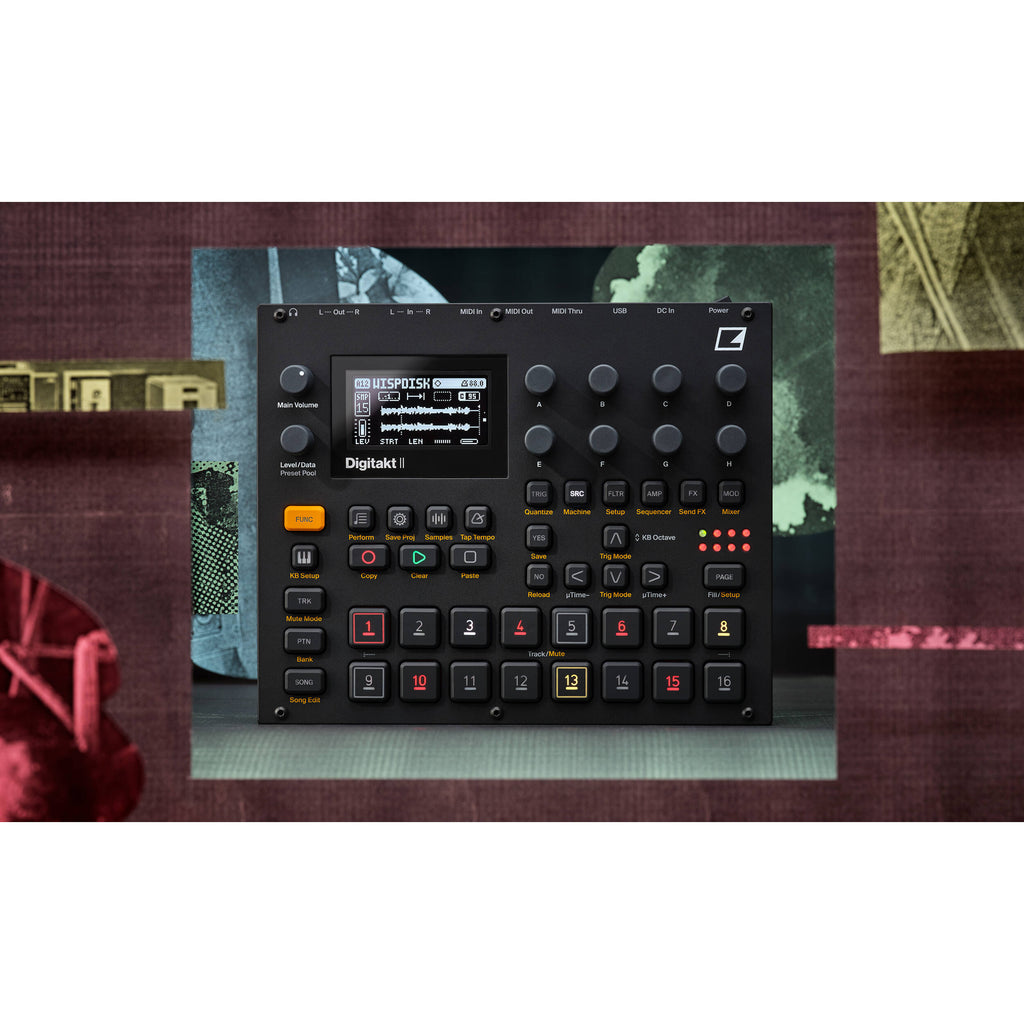 Elektron Digitakt II drum machine and sampler with knobs and buttons, compact electronic music production device.