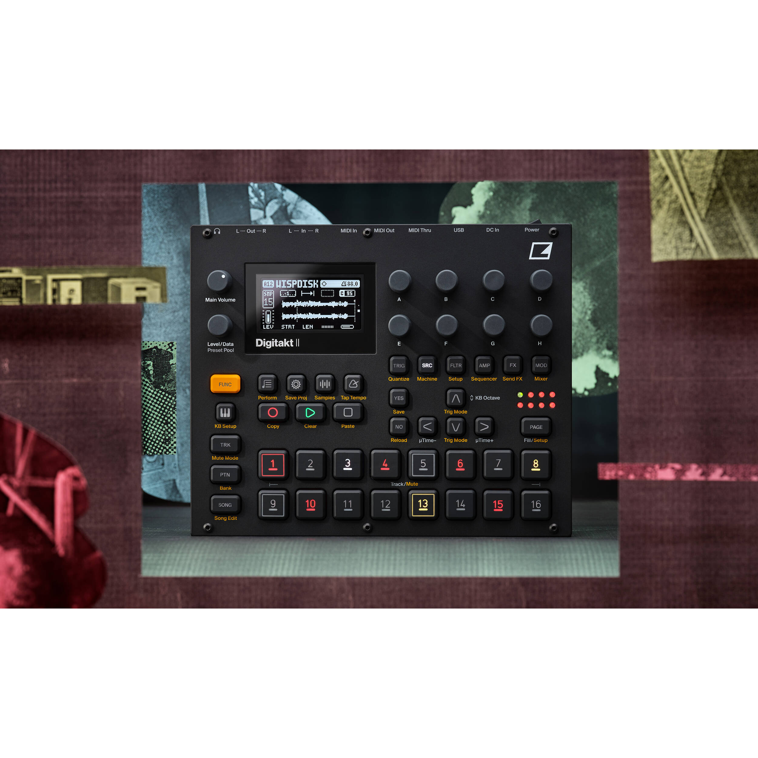 Elektron Digitakt II drum machine and sampler with knobs and buttons, compact electronic music production device.