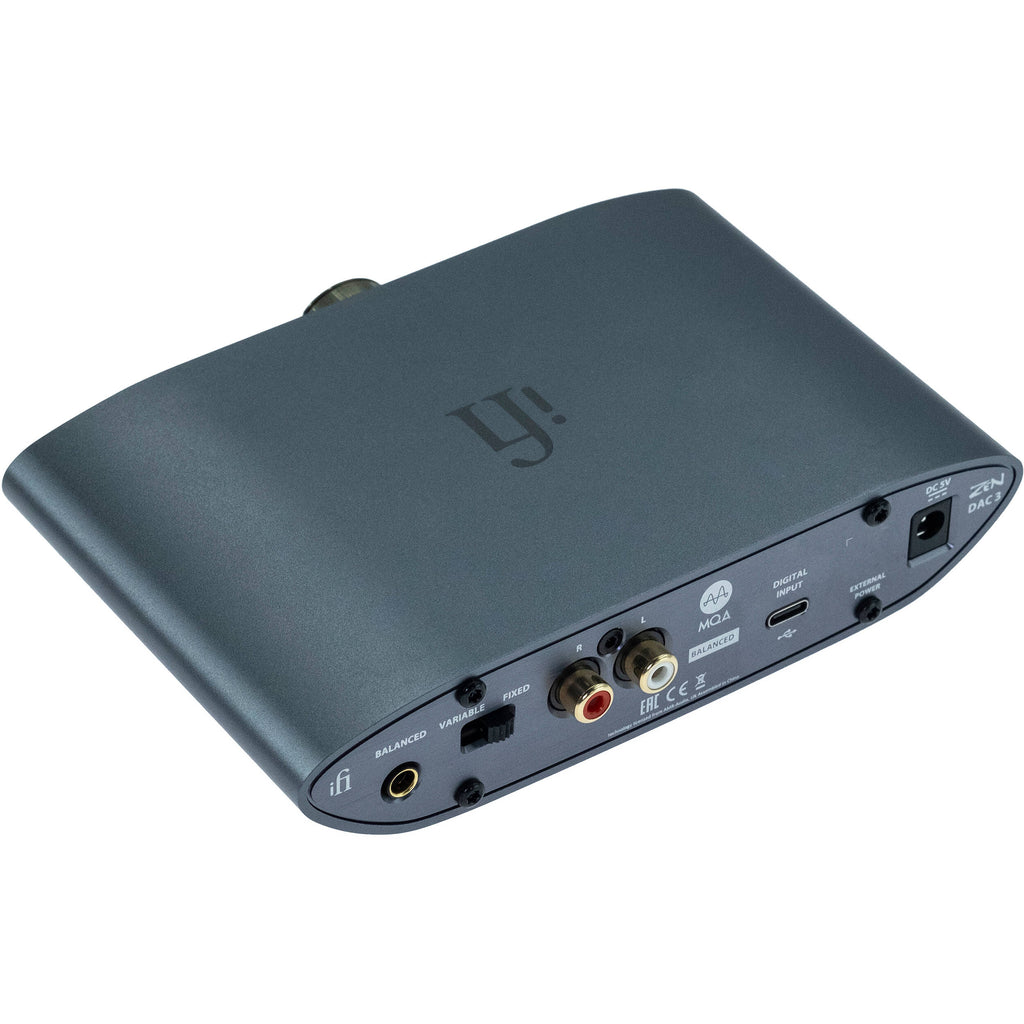 iFi Audio Zen Dac 3 headphone amplifier and DAC with digital and analog input ports, compact black design, and control knobs