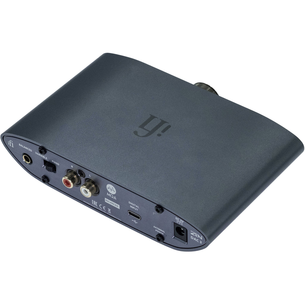 iFi Audio Zen DAC 3 headphone amplifier and DAC with sleek black design and multiple input/output ports.