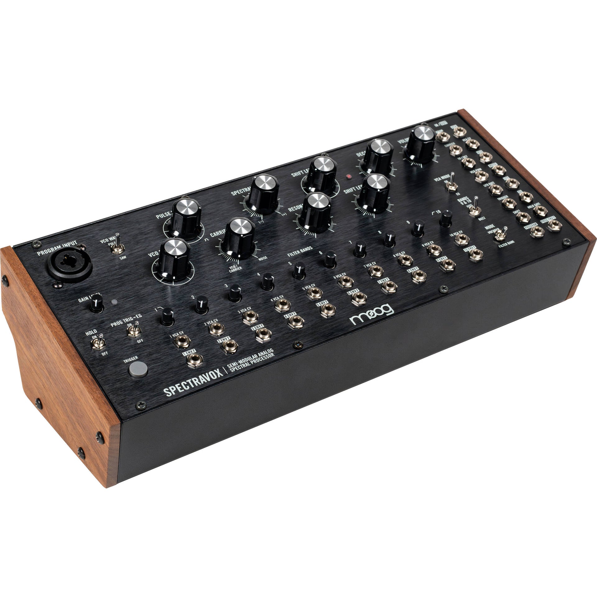 Moog Spectravox synthesizer with colorful control panel and various knobs and switches on a black background.