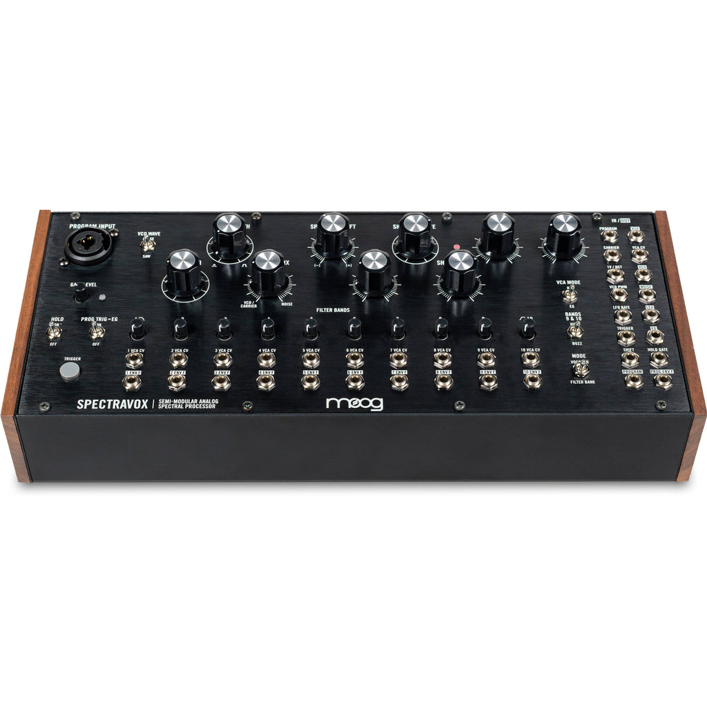 Moog Spectravox synthesizer with control panel and knobs, showcasing its vintage-style design and colorful interface.