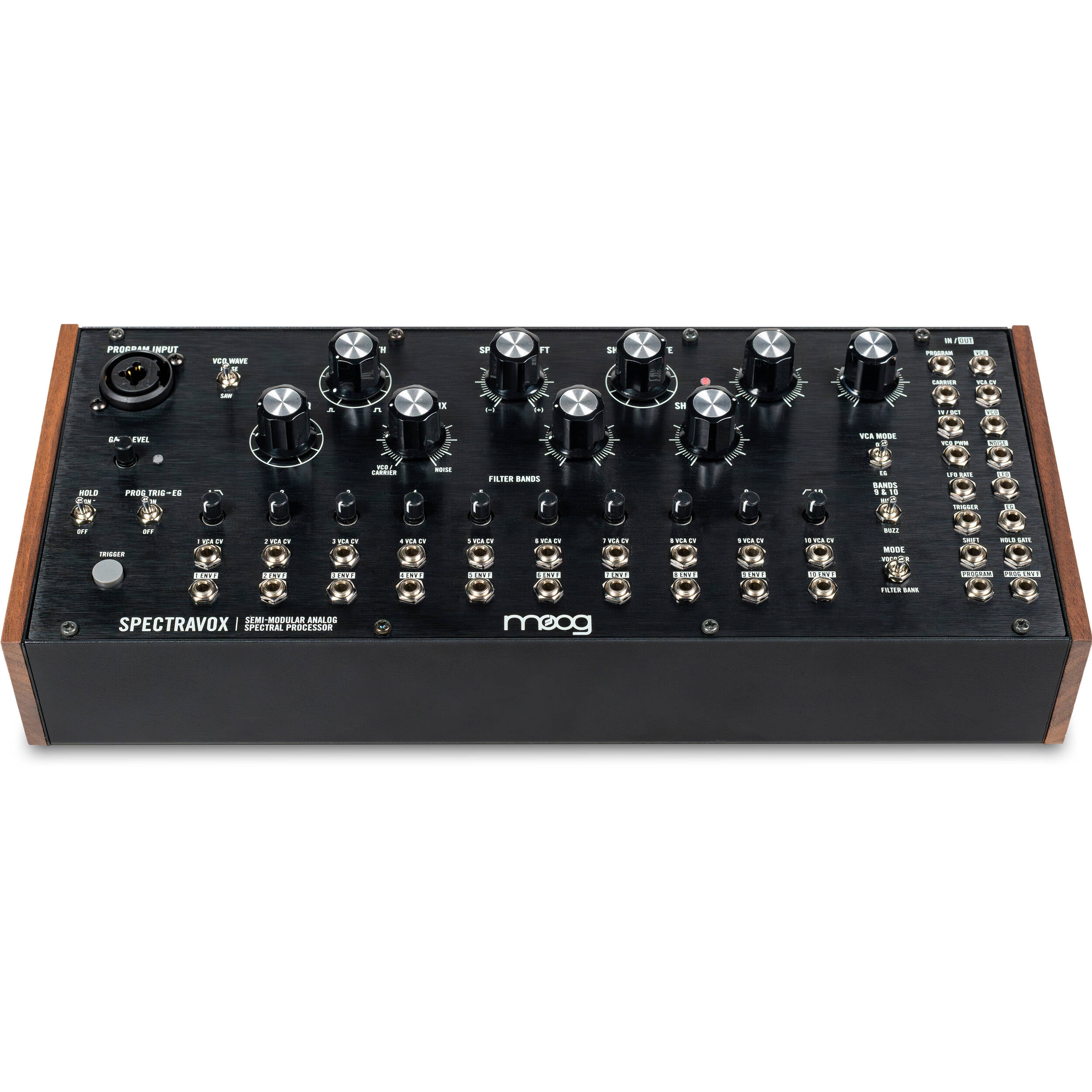 Moog Spectravox synthesizer with control panel and knobs, showcasing its vintage-style design and colorful interface.