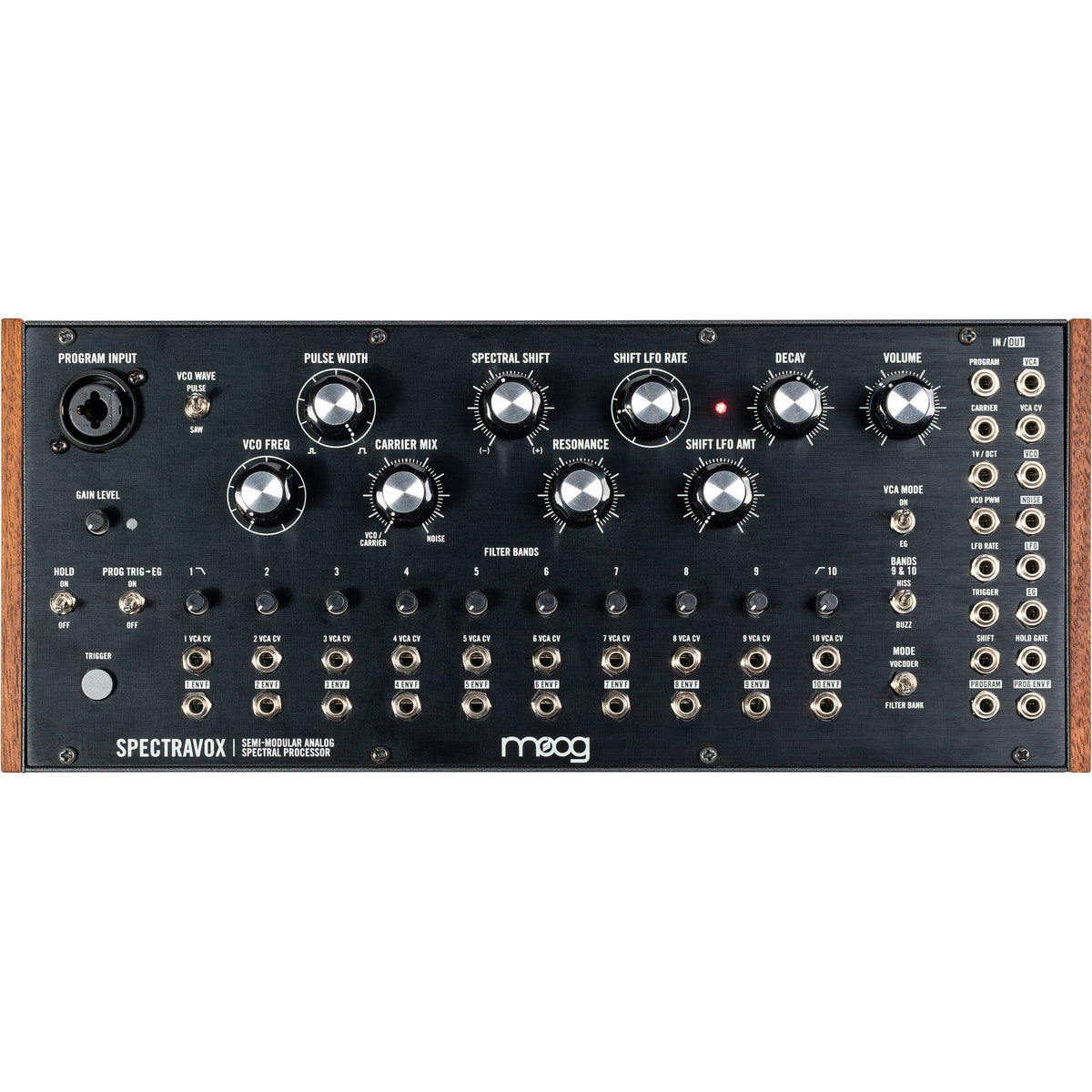 Moog Spectravox synthesizer with control panel, knobs, and display, showcasing vintage electronic music equipment.