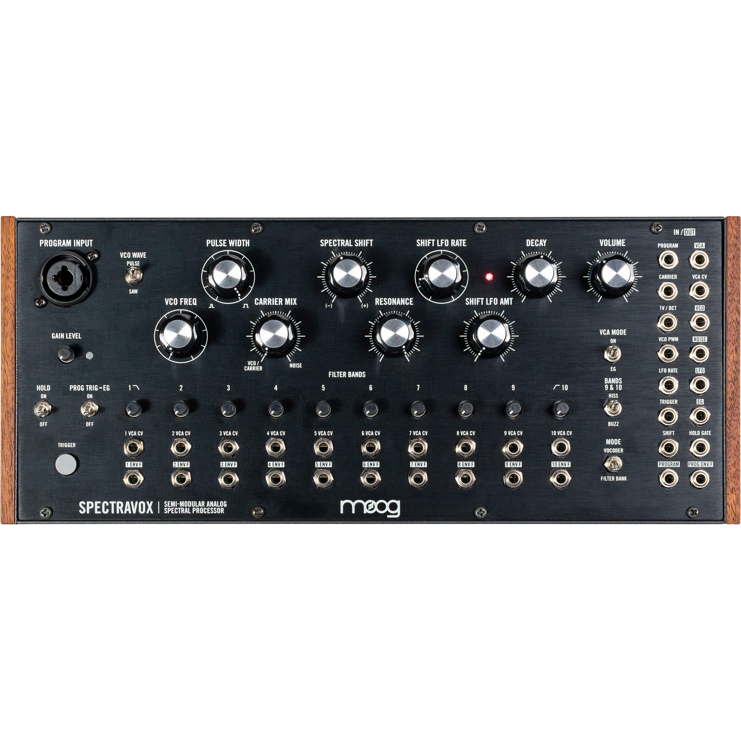 Moog Spectravox synthesizer with control panel, knobs, and display, showcasing vintage electronic music equipment.