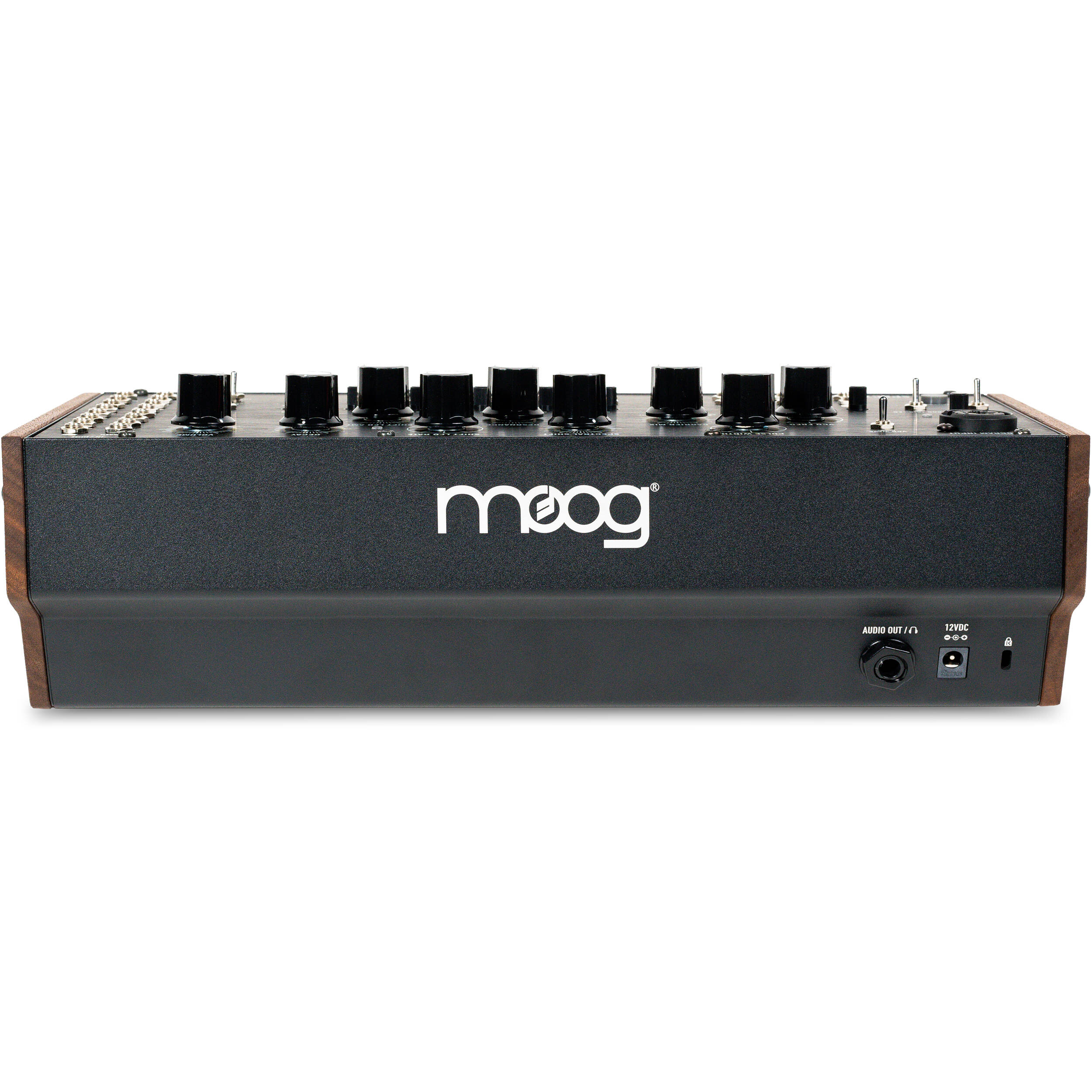 Moog Spectravox synthesizer with control knobs and patch cables, showcasing its vintage-inspired design and electronic interface.