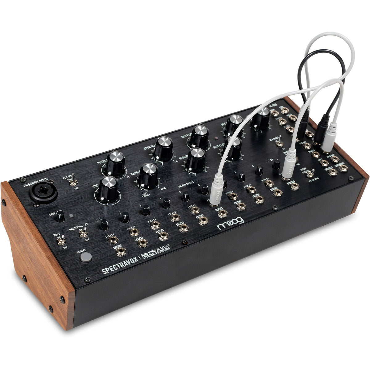 Moog Spectravox synthesizer with control knobs and display, showcasing its vintage-inspired electronic music interface.